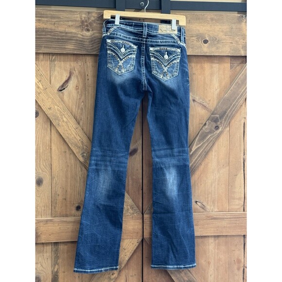 Miss Me Jeans Womens 26 Boot Cut Embellished Pockets Dark Wash Distressed Denim - Picture 1 of 2